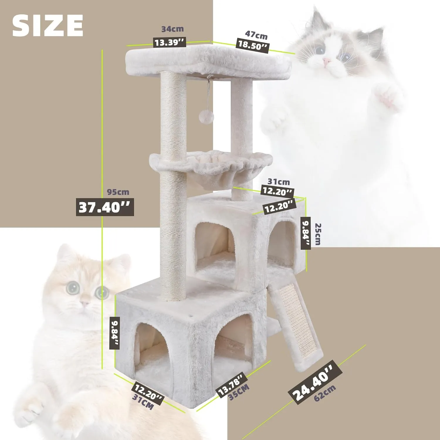 37.4" Cat Tree Tower with Twin Cat Condos for Indoor Cats, All-in-One Activity Center with Cat Scratching Post Cozy Sleeping Perch Hammock and Toy Balls,Beige