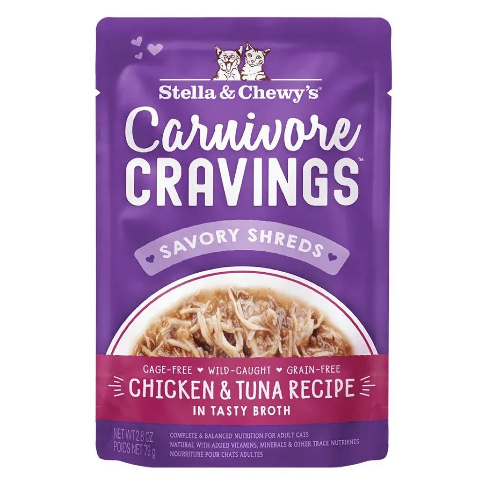 4 FOR $13.60: Stella & Chewy's Carnivore Cravings Savory Shreds Chicken & Tuna In Broth Grain-Free Pouch Cat Food 2.8oz