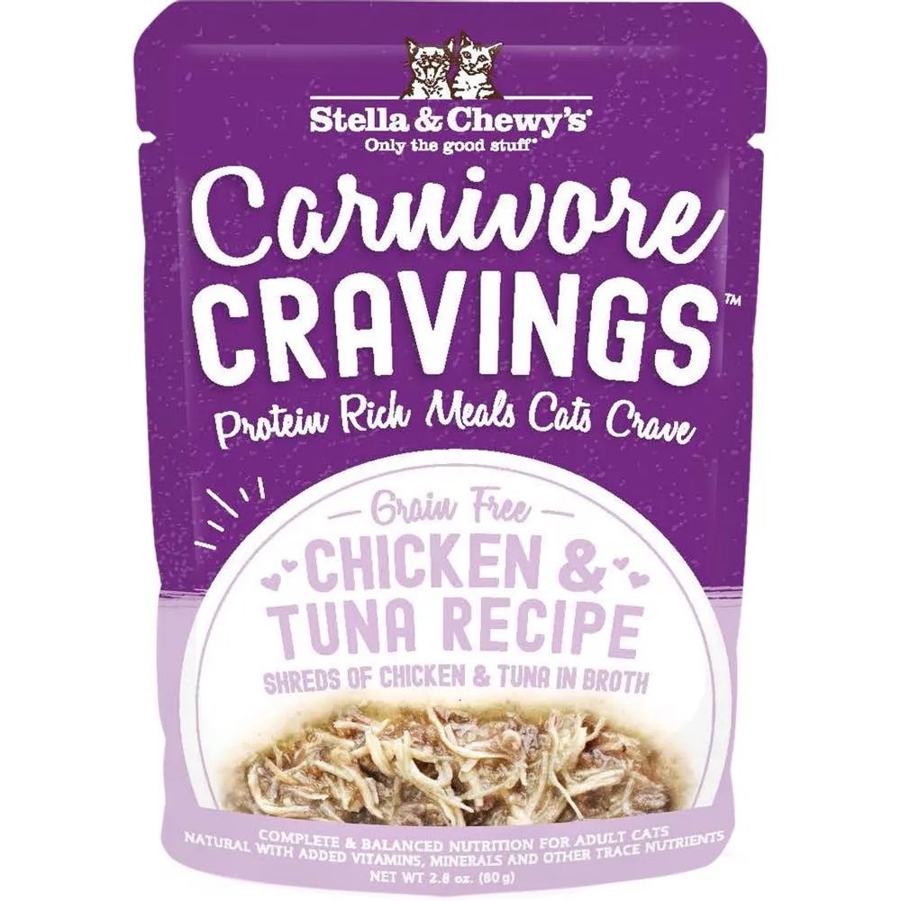 4 FOR $13.60: Stella & Chewy's Carnivore Cravings Savory Shreds Chicken & Tuna In Broth Grain-Free Pouch Cat Food 2.8oz