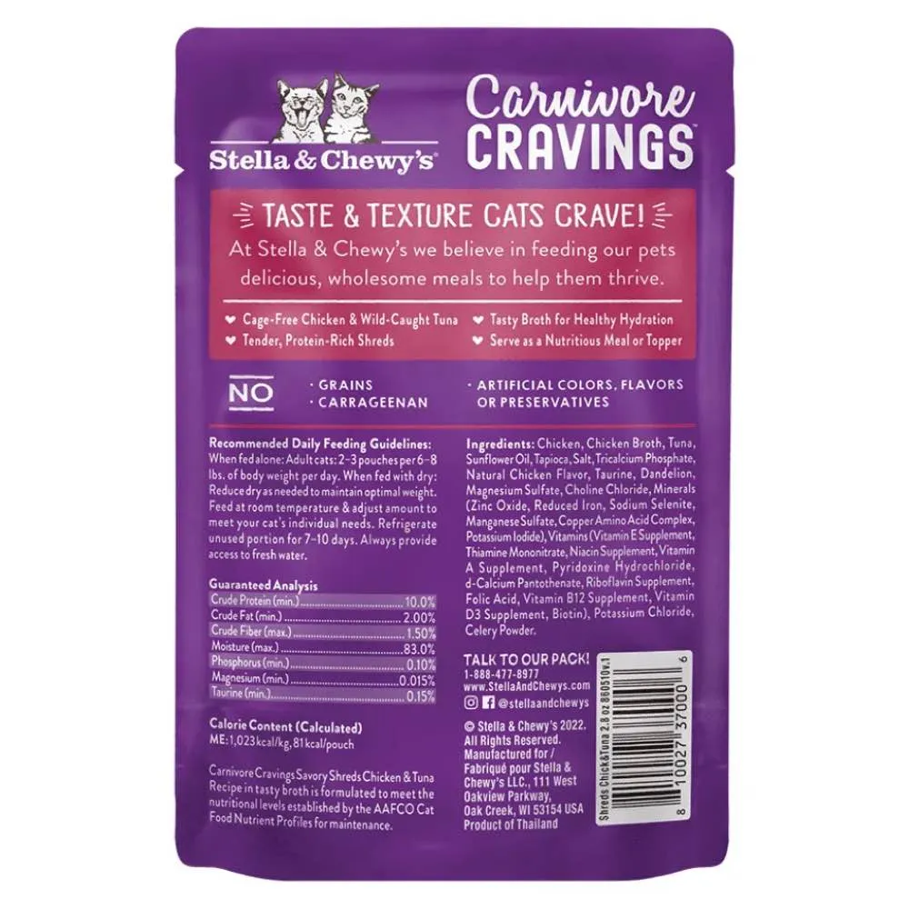4 FOR $13.60: Stella & Chewy's Carnivore Cravings Savory Shreds Chicken & Tuna In Broth Grain-Free Pouch Cat Food 2.8oz