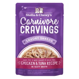 4 FOR $13.60: Stella & Chewy's Carnivore Cravings Savory Shreds Chicken & Tuna In Broth Grain-Free Pouch Cat Food 2.8oz