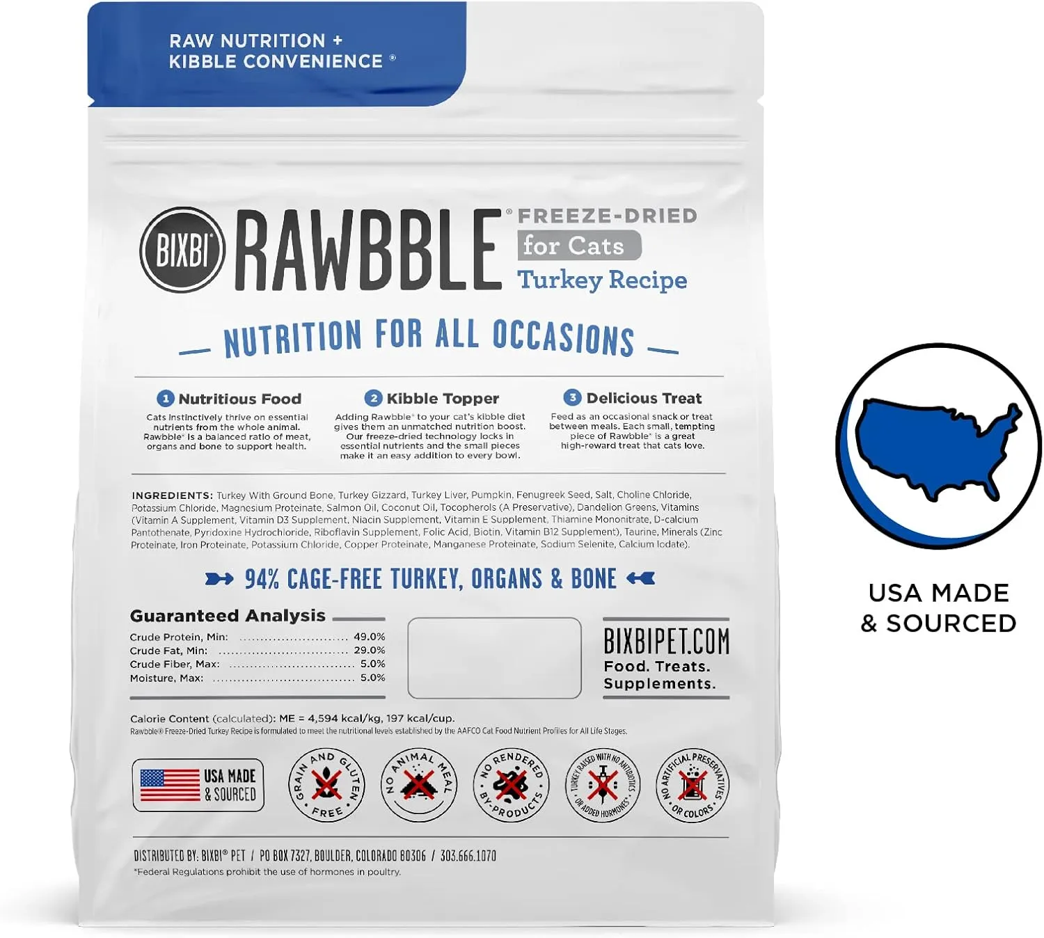 BIXBI Rawbble Freeze Dried Cat Food, Turkey Recipe, 10 oz - 94% Meat and Organs, No Fillers - Pantry-Friendly Raw Cat Food for Meal, Treat or Food Topper - USA Made in Small Batches