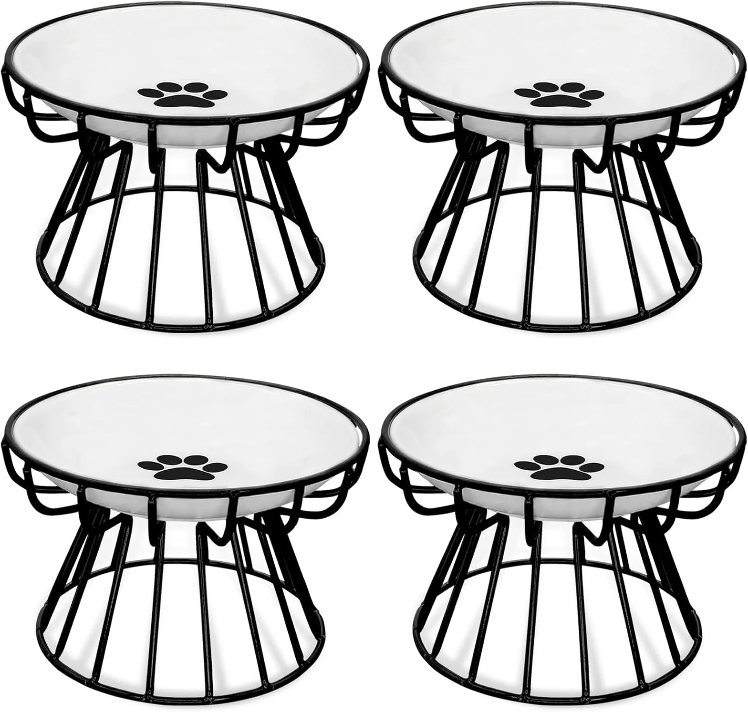 BNOSDM 4 Pcs Raised Cat Dishes Ceramic Shallow Cat Bowls with Iron Stand, Elevated Flat Whisker Fatigue Pet Wet Food Bowls for Kitten Puppy, Small Cats and Dogs (Black)