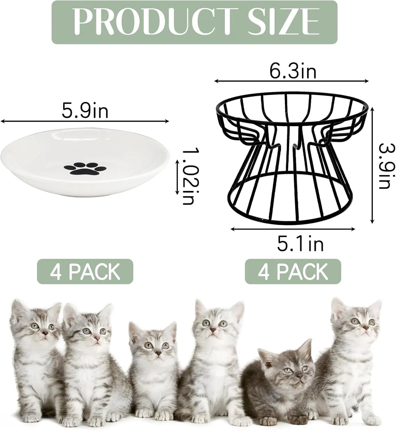 BNOSDM 4 Pcs Raised Cat Dishes Ceramic Shallow Cat Bowls with Iron Stand, Elevated Flat Whisker Fatigue Pet Wet Food Bowls for Kitten Puppy, Small Cats and Dogs (Black)