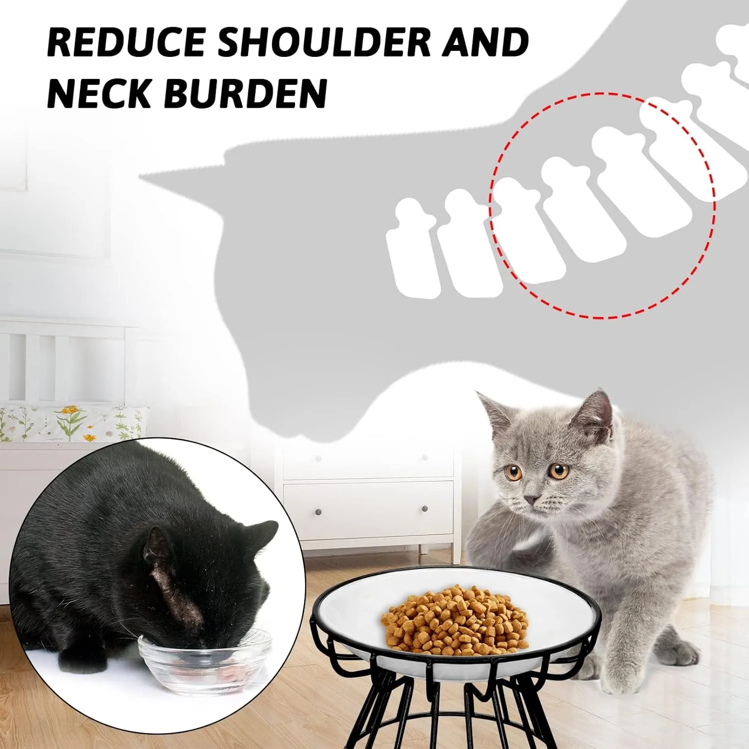 BNOSDM 4 Pcs Raised Cat Dishes Ceramic Shallow Cat Bowls with Iron Stand, Elevated Flat Whisker Fatigue Pet Wet Food Bowls for Kitten Puppy, Small Cats and Dogs (Black)