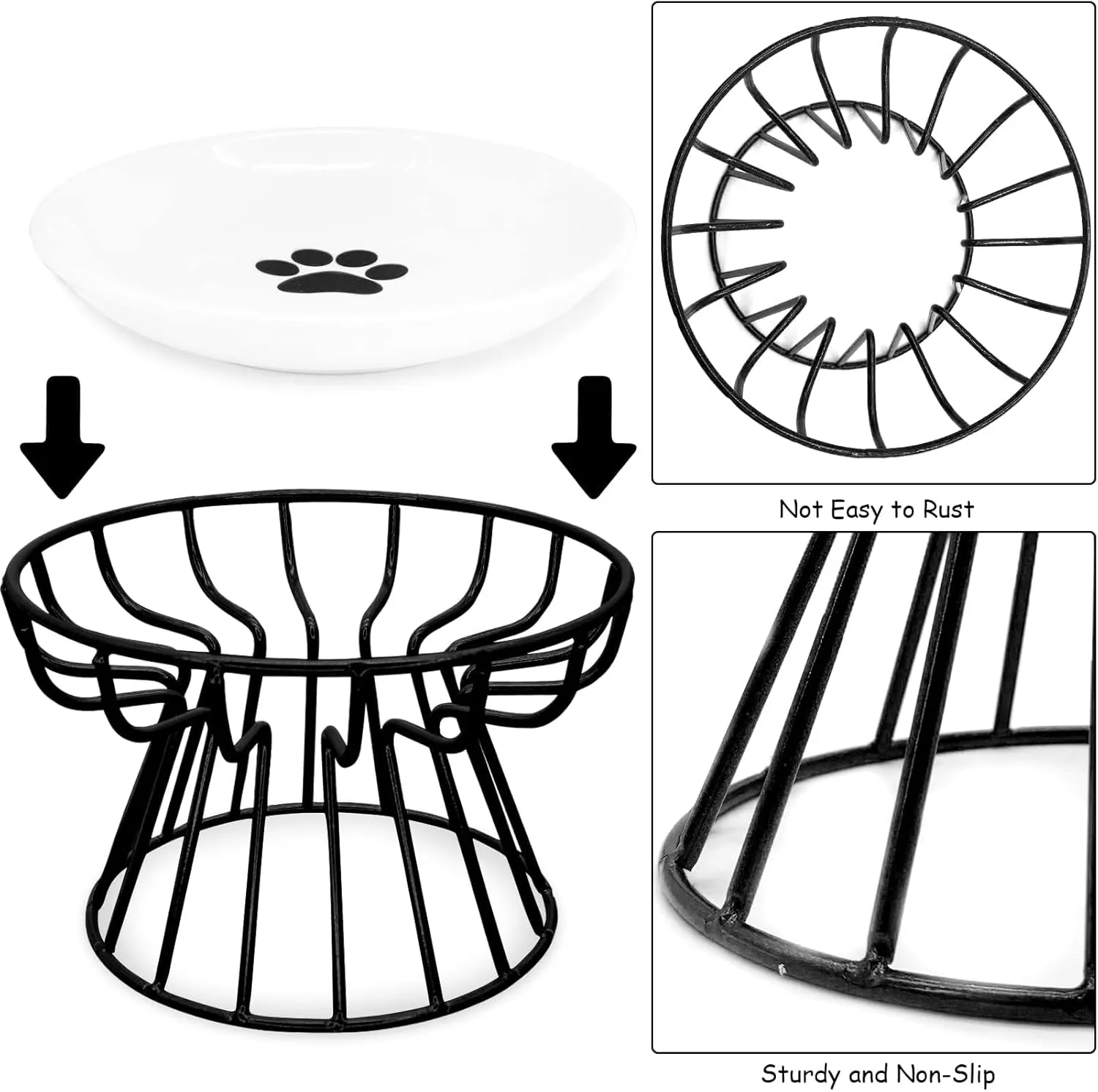 BNOSDM 4 Pcs Raised Cat Dishes Ceramic Shallow Cat Bowls with Iron Stand, Elevated Flat Whisker Fatigue Pet Wet Food Bowls for Kitten Puppy, Small Cats and Dogs (Black)