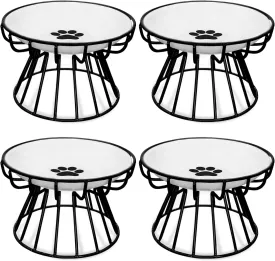BNOSDM 4 Pcs Raised Cat Dishes Ceramic Shallow Cat Bowls with Iron Stand, Elevated Flat Whisker Fatigue Pet Wet Food Bowls for Kitten Puppy, Small Cats and Dogs (Black)