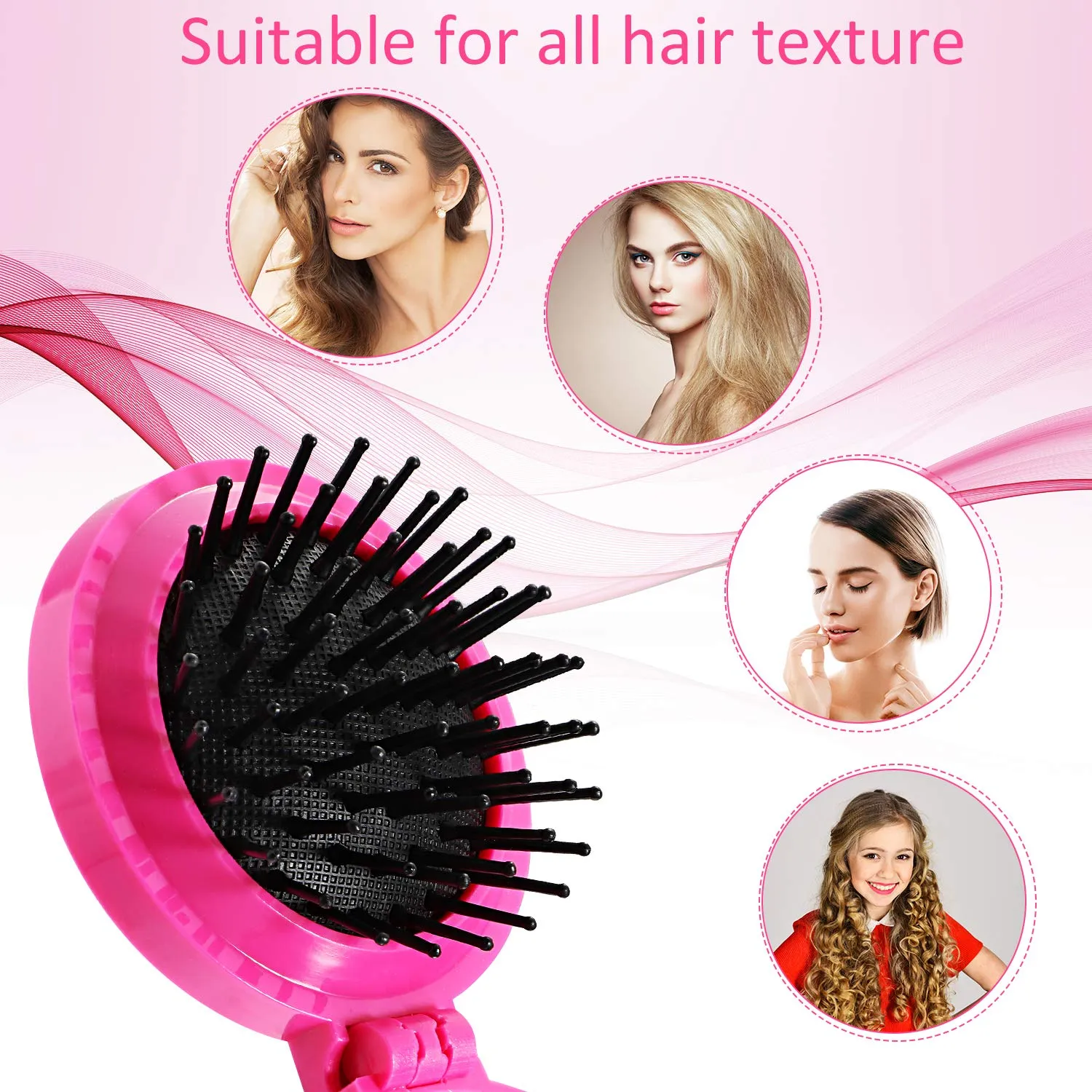 Boao 2 Pack Foldable Travel Mirror Hair Brushes Round Portable Folding Pocket Hair Brush Mini Comb Compact Travel Size Massage Comb for Men Women (Purple, Rose Red)