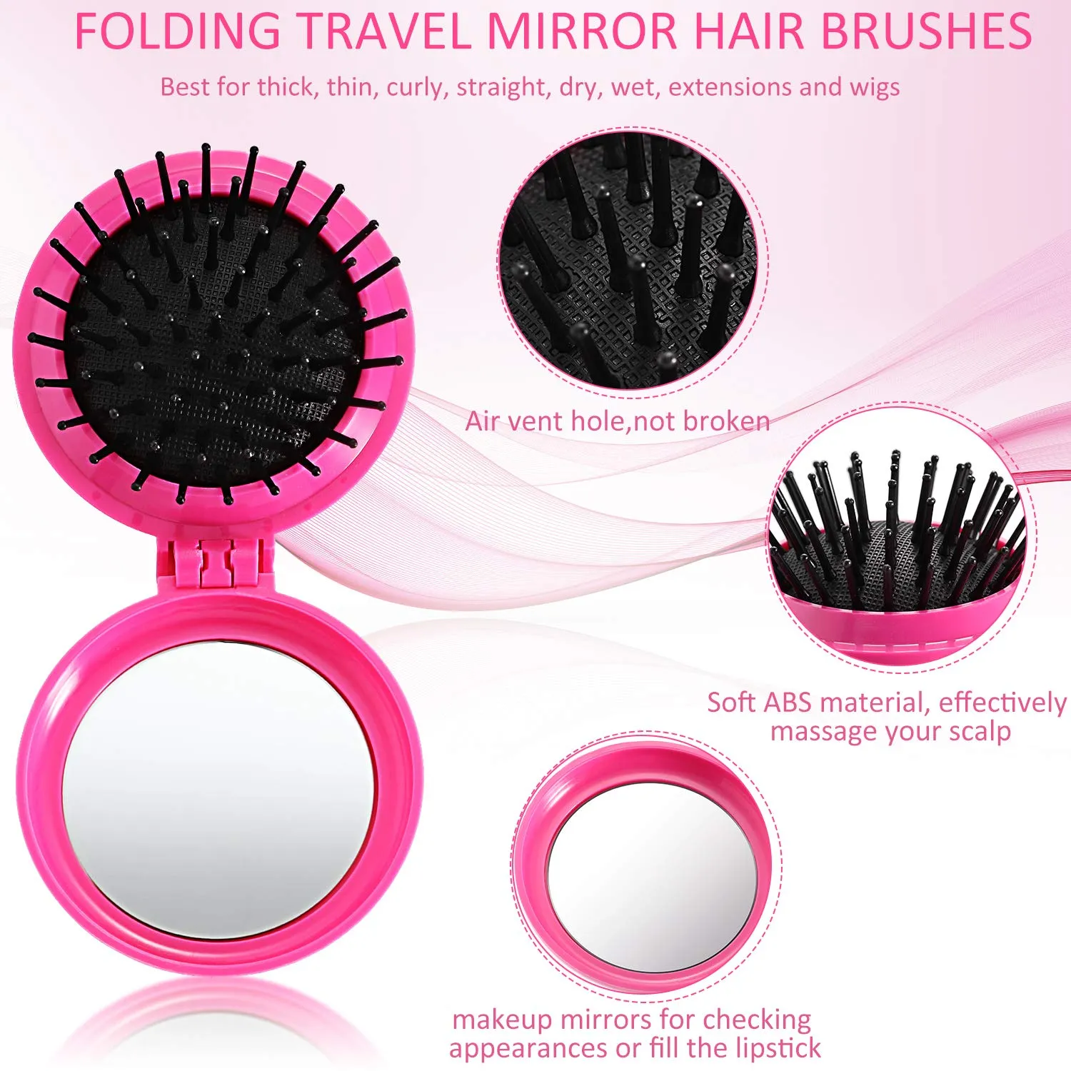 Boao 2 Pack Foldable Travel Mirror Hair Brushes Round Portable Folding Pocket Hair Brush Mini Comb Compact Travel Size Massage Comb for Men Women (Purple, Rose Red)