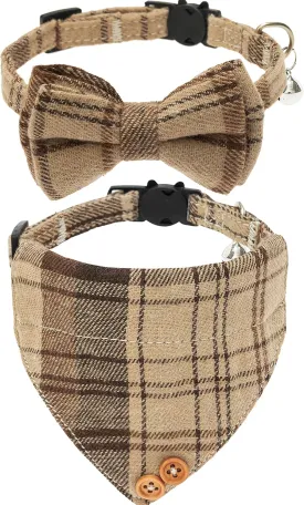 Breakaway Cat Collars - Plaid Bow Tie & Bandana Cat Collars with Bell for Girl Boy Cats - Soft Adjustable Cute Pet Accessories for Cats Small Dogs