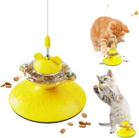 Cat Interactive Toys for Indoor, Cat Treat Puzzle Slow Food Dispenser Kitten Toys Weight Loss Kitty Funny Catnip Balls with Rotating Disk for Bored Indoor Cats (Yellow)