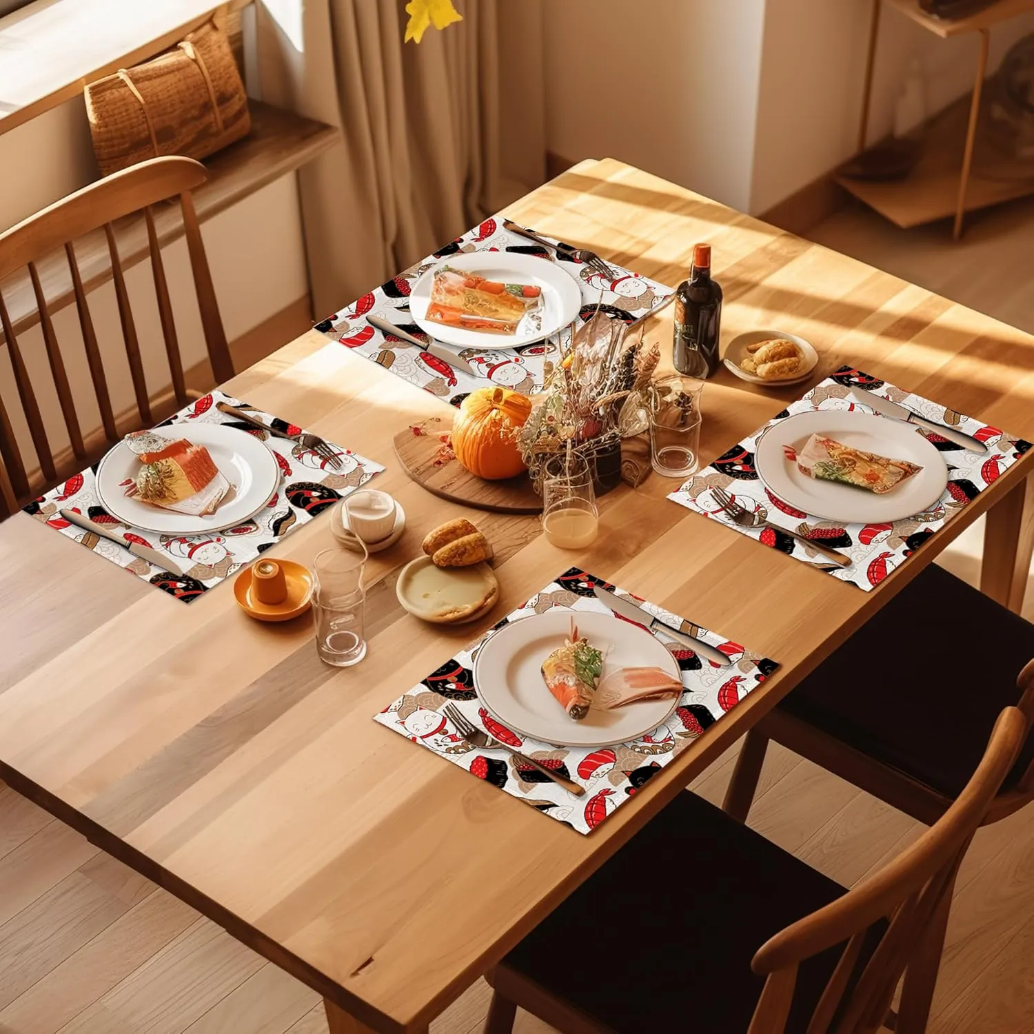 Cat Maneki Neko Sushi Placemats Set of 4, Waterproof Place Mats Non-Slip Washable Table Mats Set for Kitchen Dining Holiday Party Wedding Decor 12x18 Inch