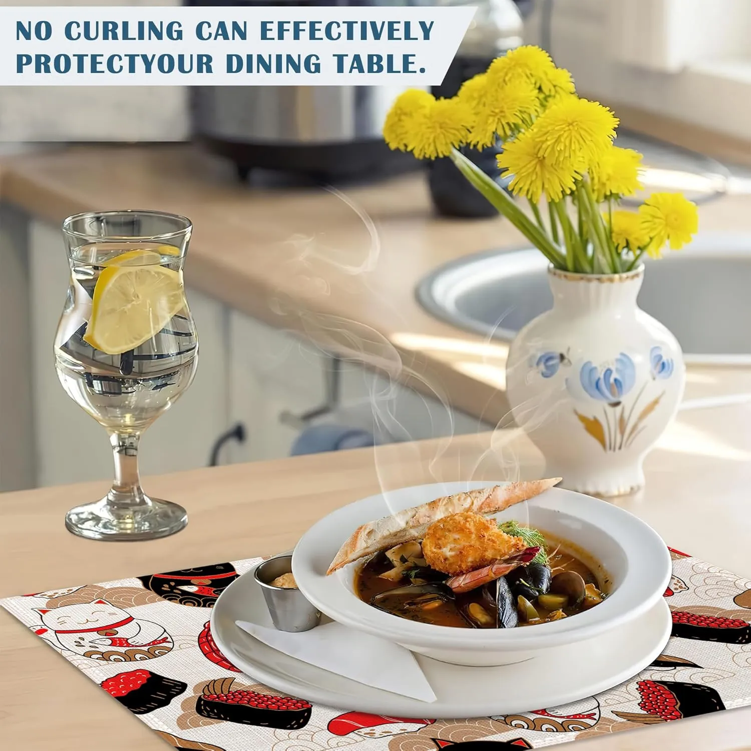 Cat Maneki Neko Sushi Placemats Set of 4, Waterproof Place Mats Non-Slip Washable Table Mats Set for Kitchen Dining Holiday Party Wedding Decor 12x18 Inch
