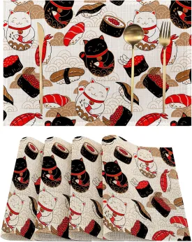 Cat Maneki Neko Sushi Placemats Set of 4, Waterproof Place Mats Non-Slip Washable Table Mats Set for Kitchen Dining Holiday Party Wedding Decor 12x18 Inch