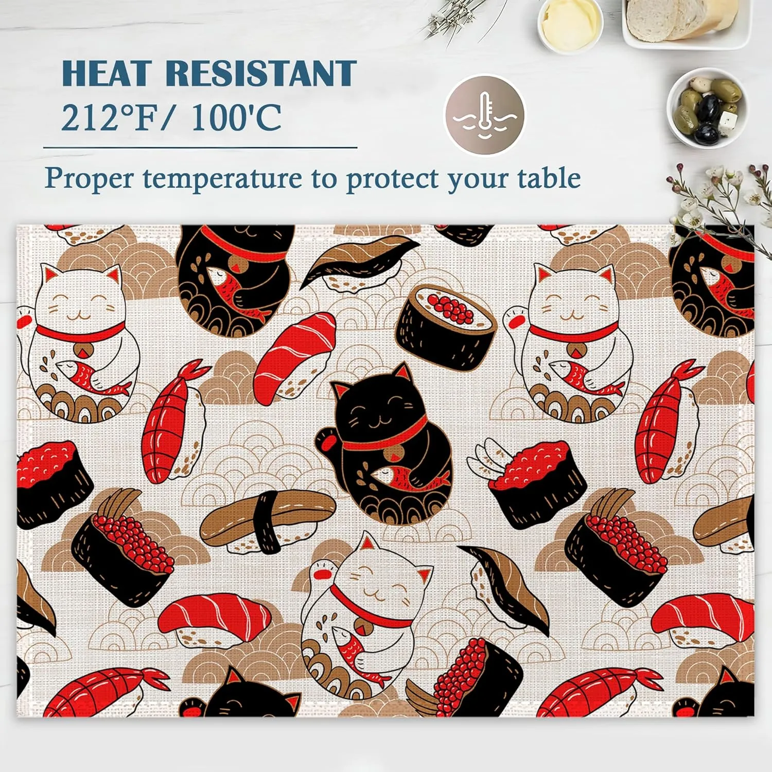 Cat Maneki Neko Sushi Placemats Set of 4, Waterproof Place Mats Non-Slip Washable Table Mats Set for Kitchen Dining Holiday Party Wedding Decor 12x18 Inch