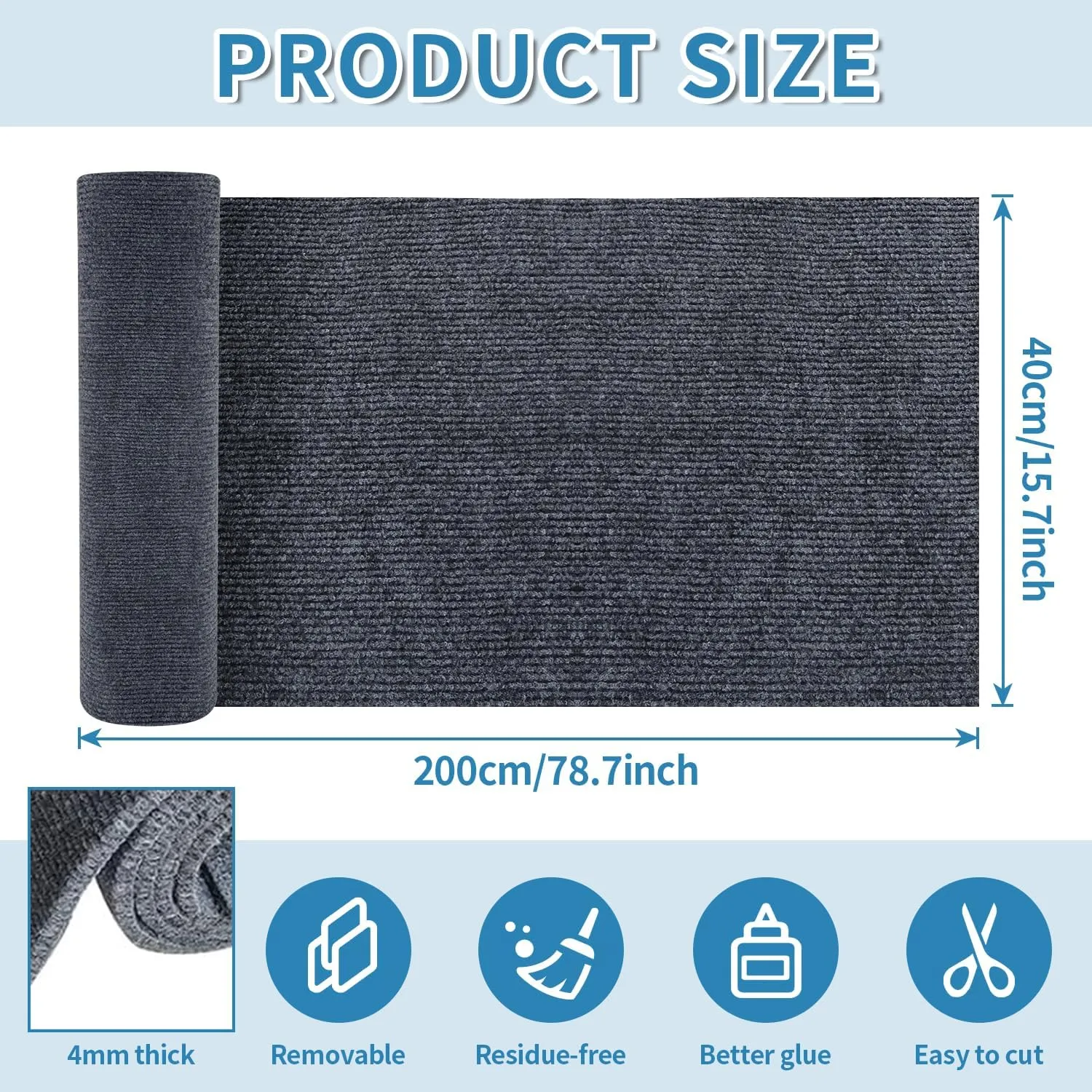 Cat Scratching Mat Self-Adhesive, 78.7 * 15.7in Trimmable Cat Scratching Post, Cat Scratch Furniture Protector for Couch Sofa Carpet, Anti Climbing Wall Scratcher (Grey)
