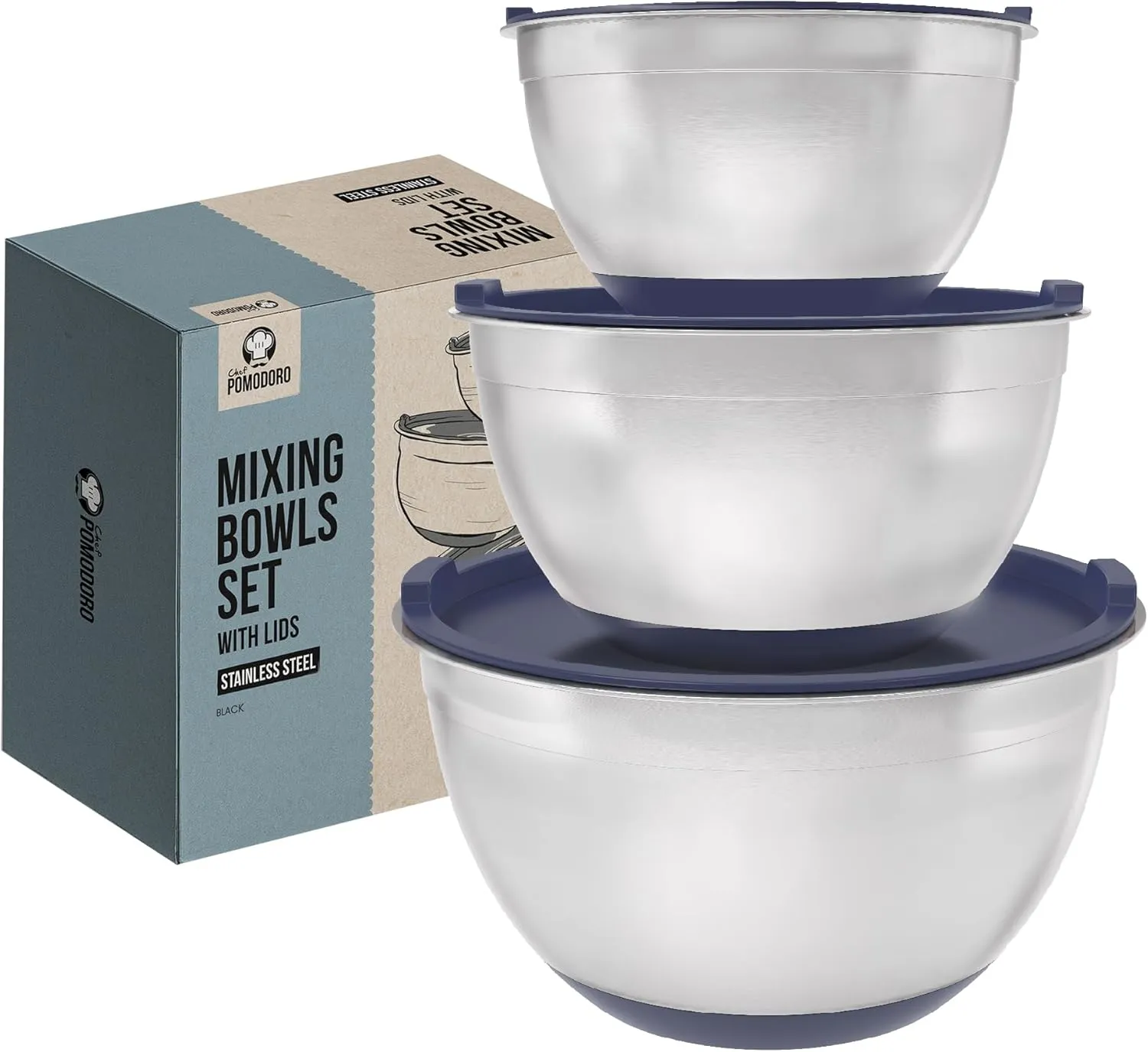 Chef Pomodoro Stainless Steel Mixing Bowl Set, Metal Mixing Bowls with Lids Set, Non-Slip Silicone Base, Nesting Bowls - 3 Piece (1.5 Qt, 3 Qt, 5 Qt), Mixing Bowls for Kitchen, Salad, Baking (Navy)