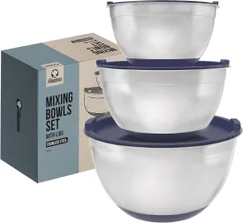 Chef Pomodoro Stainless Steel Mixing Bowl Set, Metal Mixing Bowls with Lids Set, Non-Slip Silicone Base, Nesting Bowls - 3 Piece (1.5 Qt, 3 Qt, 5 Qt), Mixing Bowls for Kitchen, Salad, Baking (Navy)