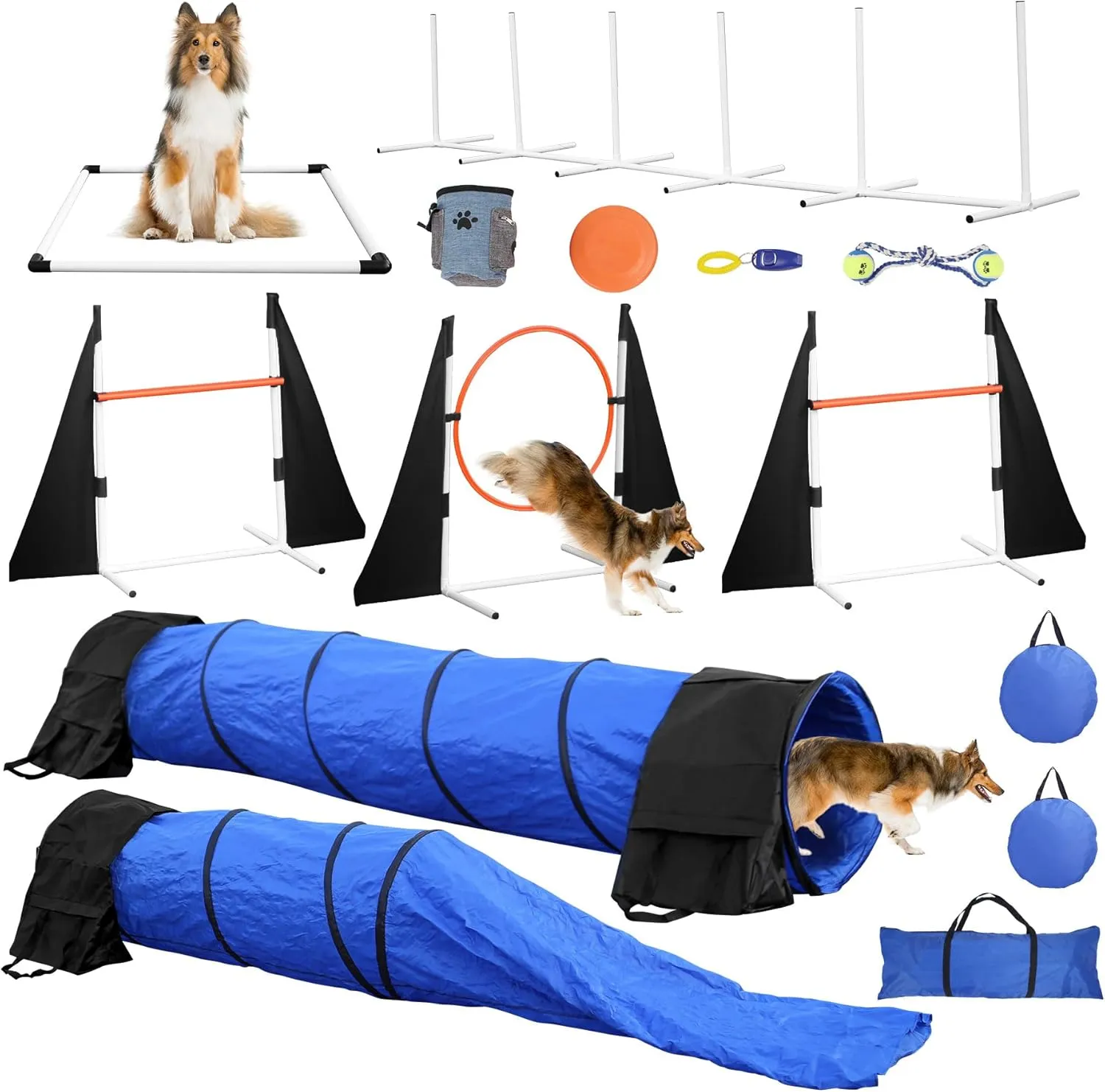 Dog Agility Equipment for Backyard & Indoor Training-Professional Backyard Course with Adjustable Jumps, Collapsible Tunnel, Storage Bags & Toys