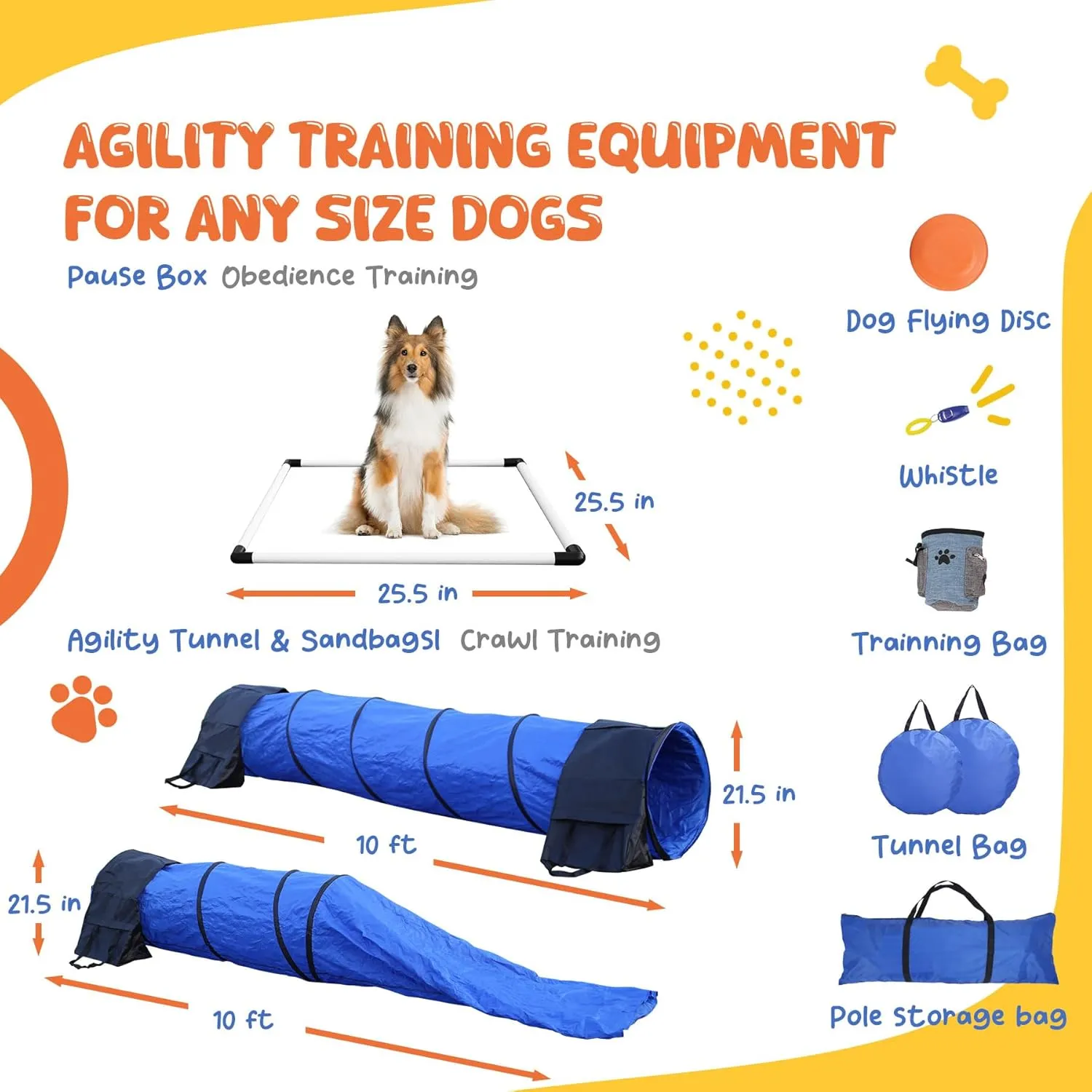 Dog Agility Equipment for Backyard & Indoor Training-Professional Backyard Course with Adjustable Jumps, Collapsible Tunnel, Storage Bags & Toys