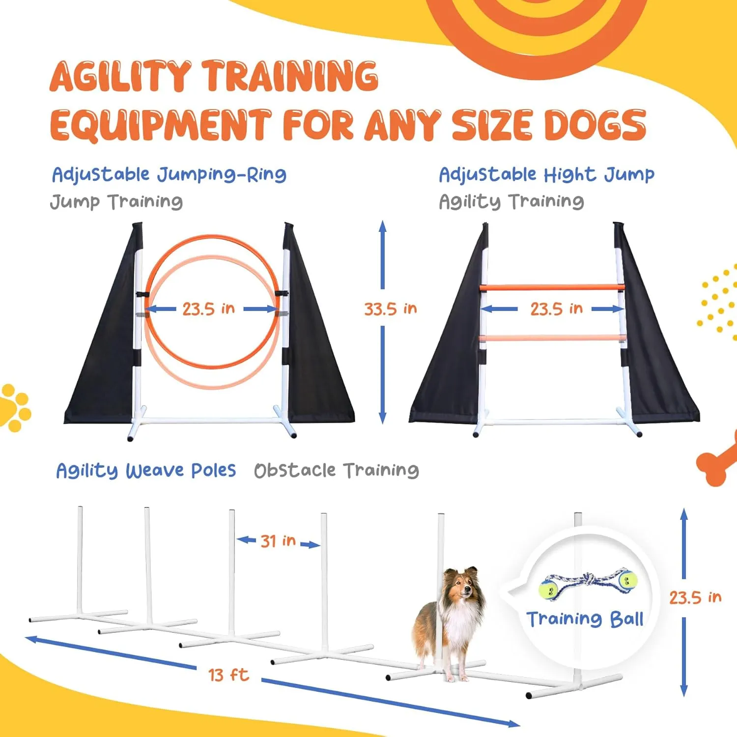 Dog Agility Equipment for Backyard & Indoor Training-Professional Backyard Course with Adjustable Jumps, Collapsible Tunnel, Storage Bags & Toys