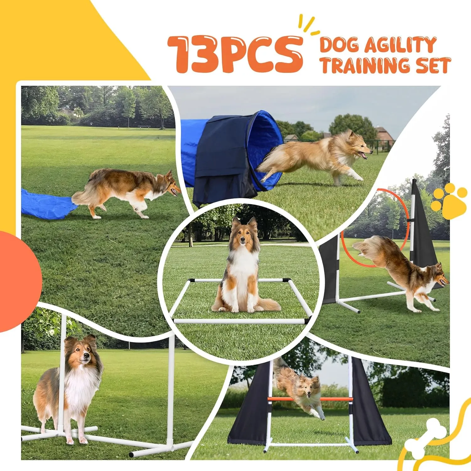 Dog Agility Equipment for Backyard & Indoor Training-Professional Backyard Course with Adjustable Jumps, Collapsible Tunnel, Storage Bags & Toys