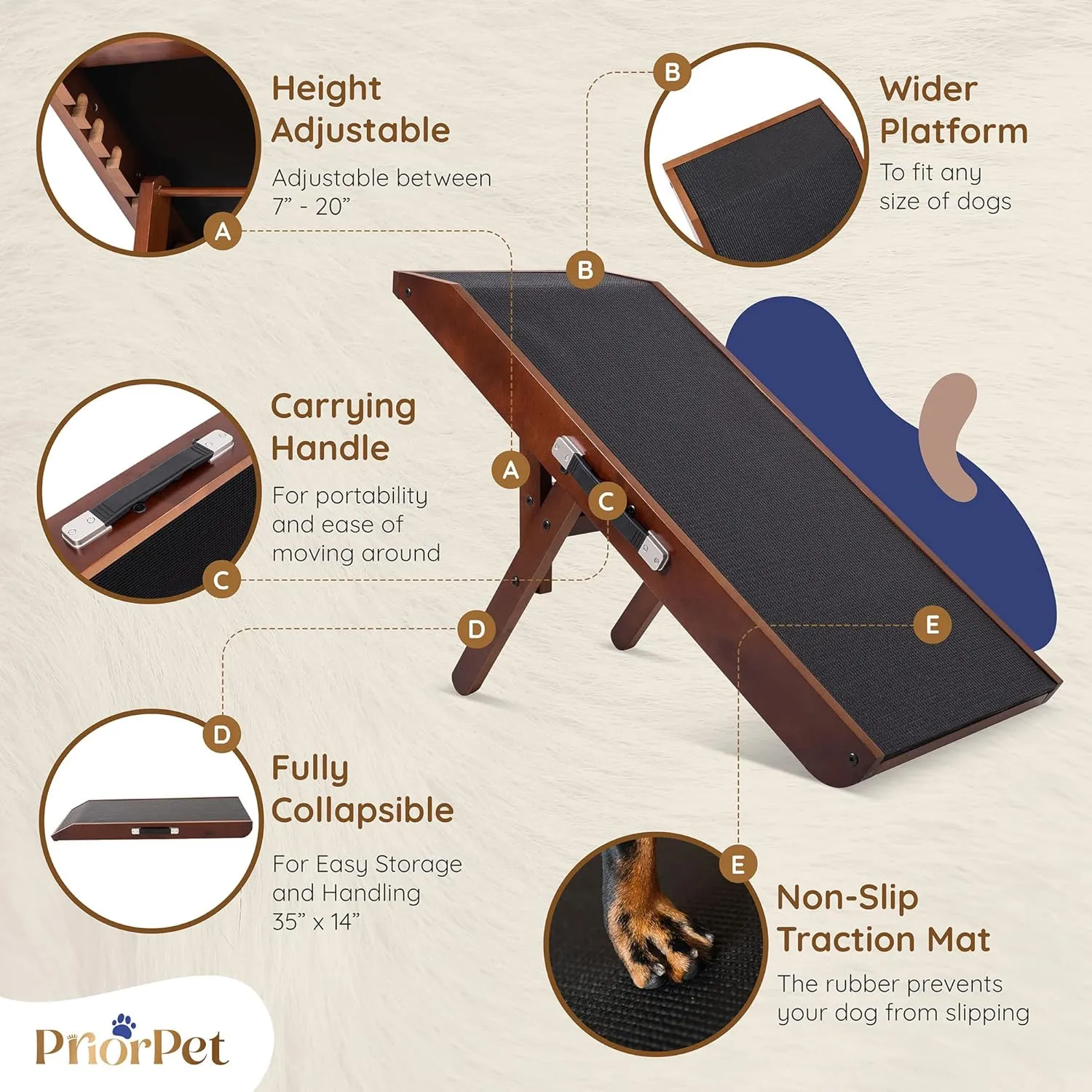 Dog ramp for Couch  Non-Slip, Sturdy Build Foldable Dog ramp  Supports up to 200lbs  Adjustable 7'' to 20''  Landing Platform Seamlessly Connects  Birchwood Pet Ramp for Small Dogs  Walnut