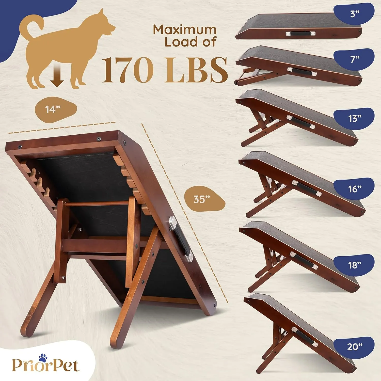 Dog ramp for Couch  Non-Slip, Sturdy Build Foldable Dog ramp  Supports up to 200lbs  Adjustable 7'' to 20''  Landing Platform Seamlessly Connects  Birchwood Pet Ramp for Small Dogs  Walnut