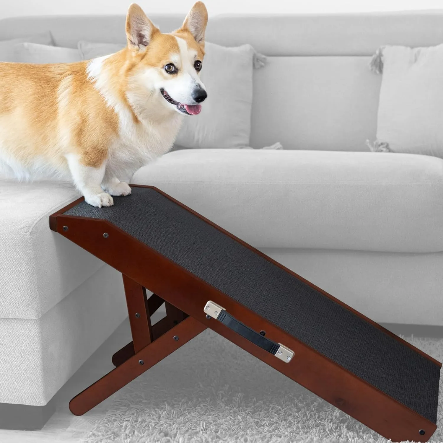Dog ramp for Couch  Non-Slip, Sturdy Build Foldable Dog ramp  Supports up to 200lbs  Adjustable 7'' to 20''  Landing Platform Seamlessly Connects  Birchwood Pet Ramp for Small Dogs  Walnut
