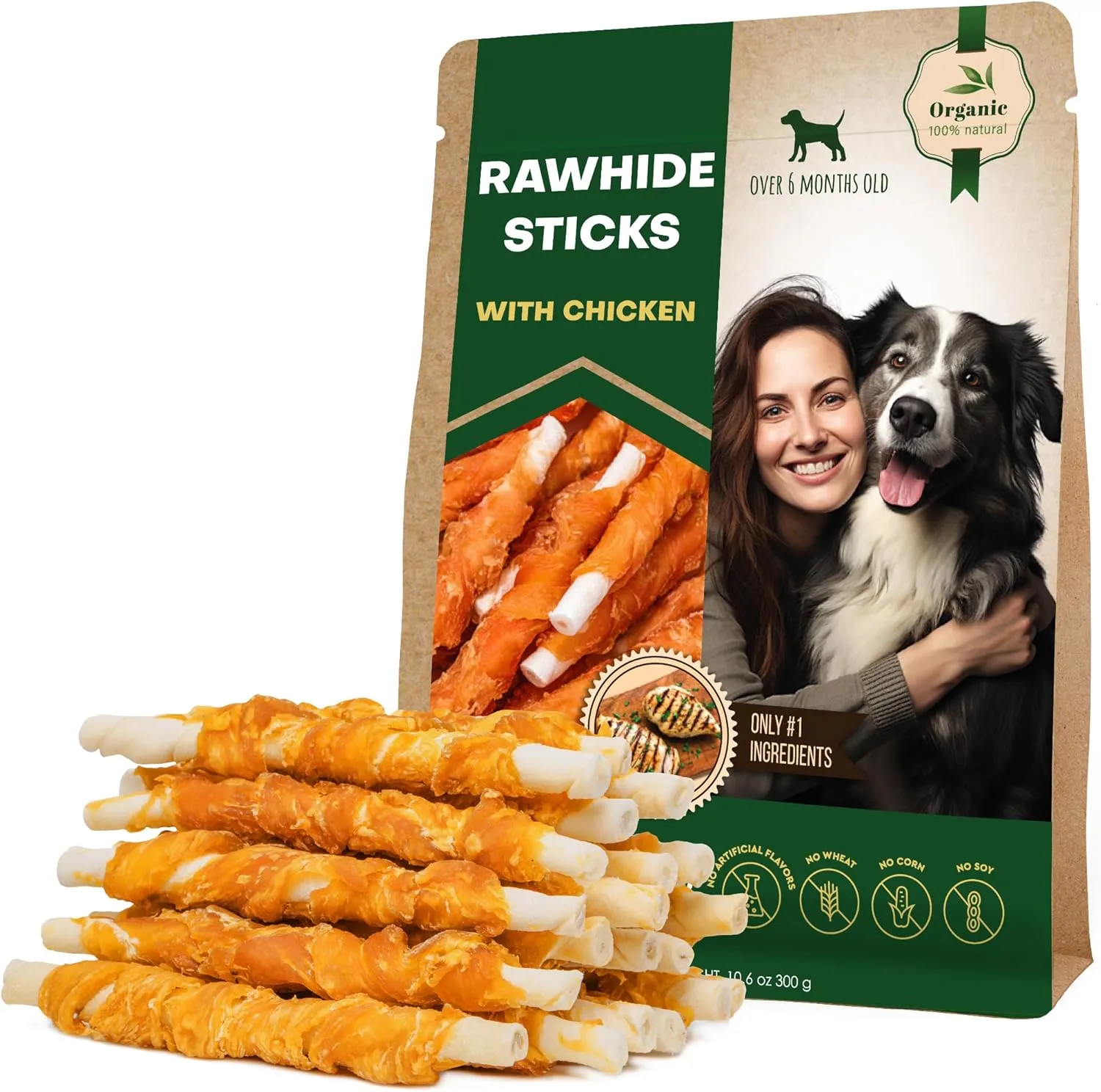 Dog Treats Rawhide Sticks 11 oz Wrapped with Chicken Pet Natural Chew Treats - Grain Free Meat & Human Grade Dried Snacks - Best for Small & Large Dogs (10.6 Ounce (Pack of 1), Rawhide Sticks)