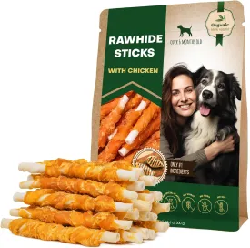 Dog Treats Rawhide Sticks 11 oz Wrapped with Chicken Pet Natural Chew Treats - Grain Free Meat & Human Grade Dried Snacks - Best for Small & Large Dogs (10.6 Ounce (Pack of 1), Rawhide Sticks)