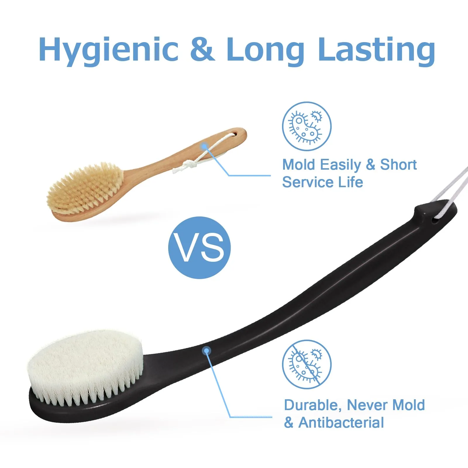 Exfoliating Shower Brush Bath Body Brush, Never Mold 15" Back Brush Long Handle for Shower, Dry Brushing Body Brush or Wet Brush with Moderate Bristle, Black