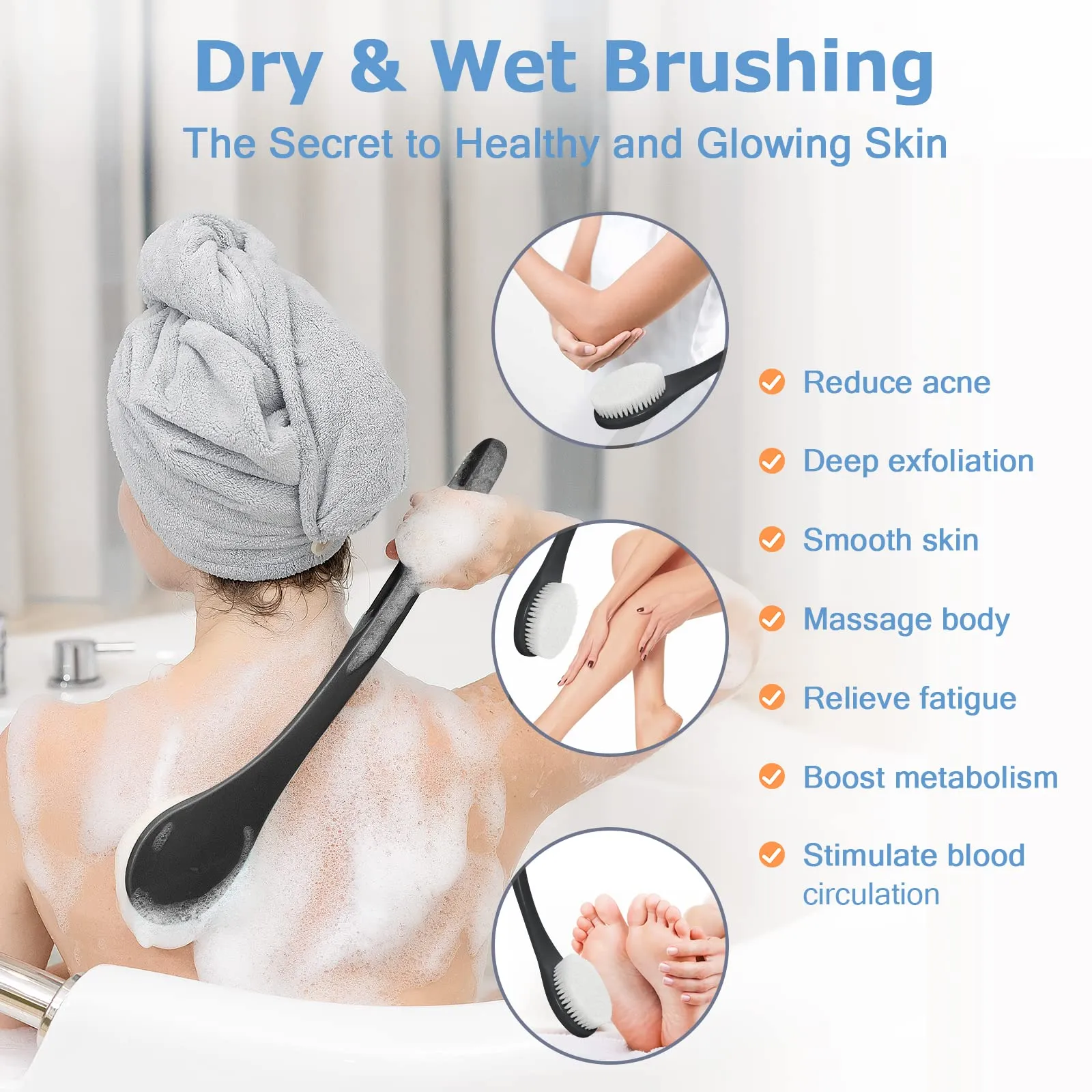 Exfoliating Shower Brush Bath Body Brush, Never Mold 15" Back Brush Long Handle for Shower, Dry Brushing Body Brush or Wet Brush with Moderate Bristle, Black