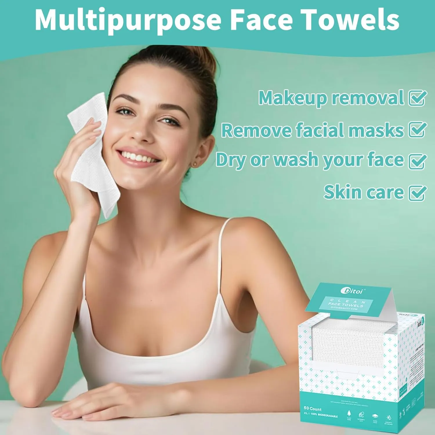 Face Towels, 10"12" Disposable Face Towel, Face Towelettes XL, Ultra Soft Makeup Remover Dry Wipes, Thick Face Towel for Sensitive Skin, 50 Count (1 Pack)
