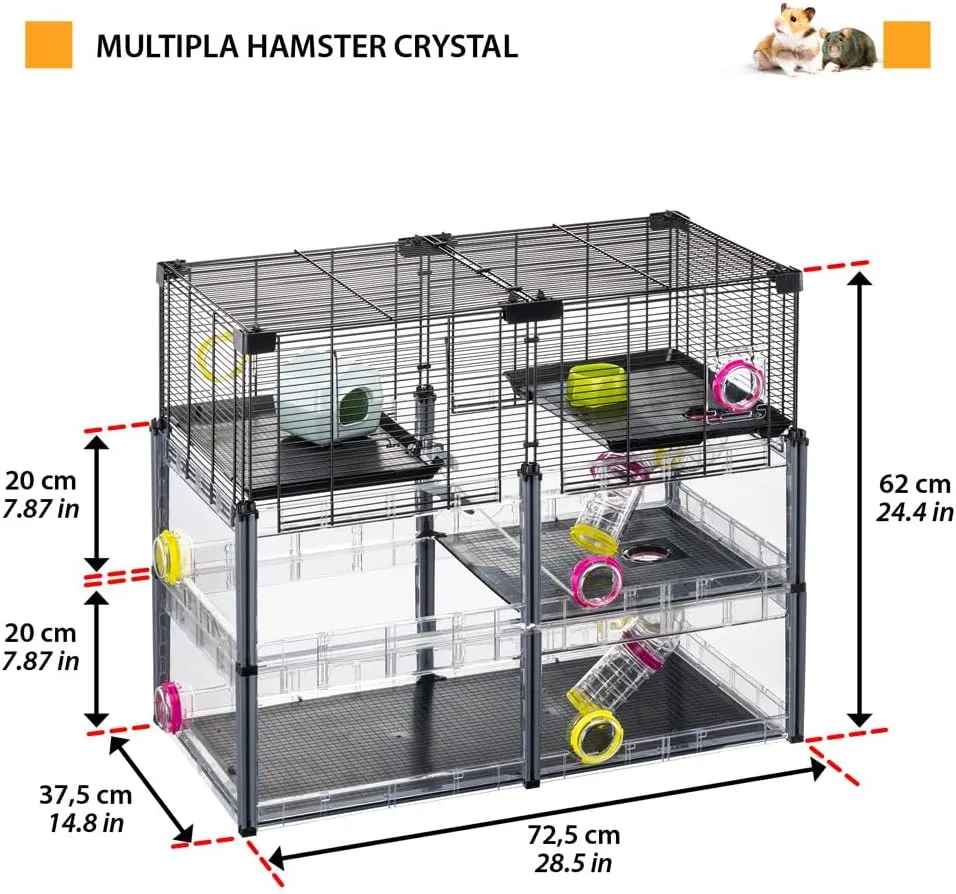 Ferplast Large Hamster Cage, Mouse Cage MULTIPLA Hamster Crystal, in Metal Mesh and Recycled Plastic, with Accessories, Black, Medium