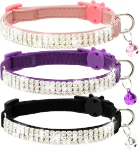 FLYSTAR Cat Collar Breakaway with Bell - Cute Cat Collar for Boy Girl Cats - Rhinestones Bling Adjustable Soft Velvet Pet Collars for Small Medium Large Cats & Puppy (Pink, Purple, Black)