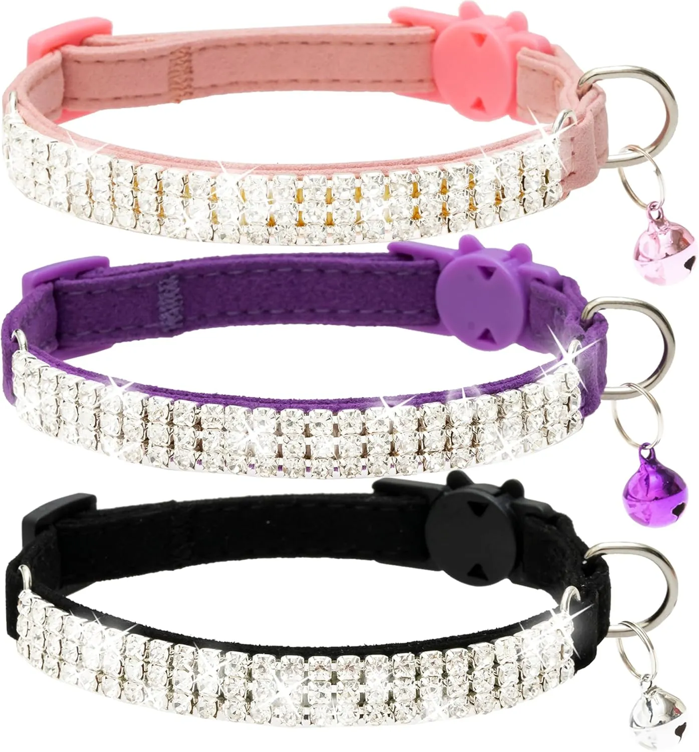 FLYSTAR Cat Collar Breakaway with Bell - Cute Cat Collar for Boy Girl Cats - Rhinestones Bling Adjustable Soft Velvet Pet Collars for Small Medium Large Cats & Puppy (Pink, Purple, Black)