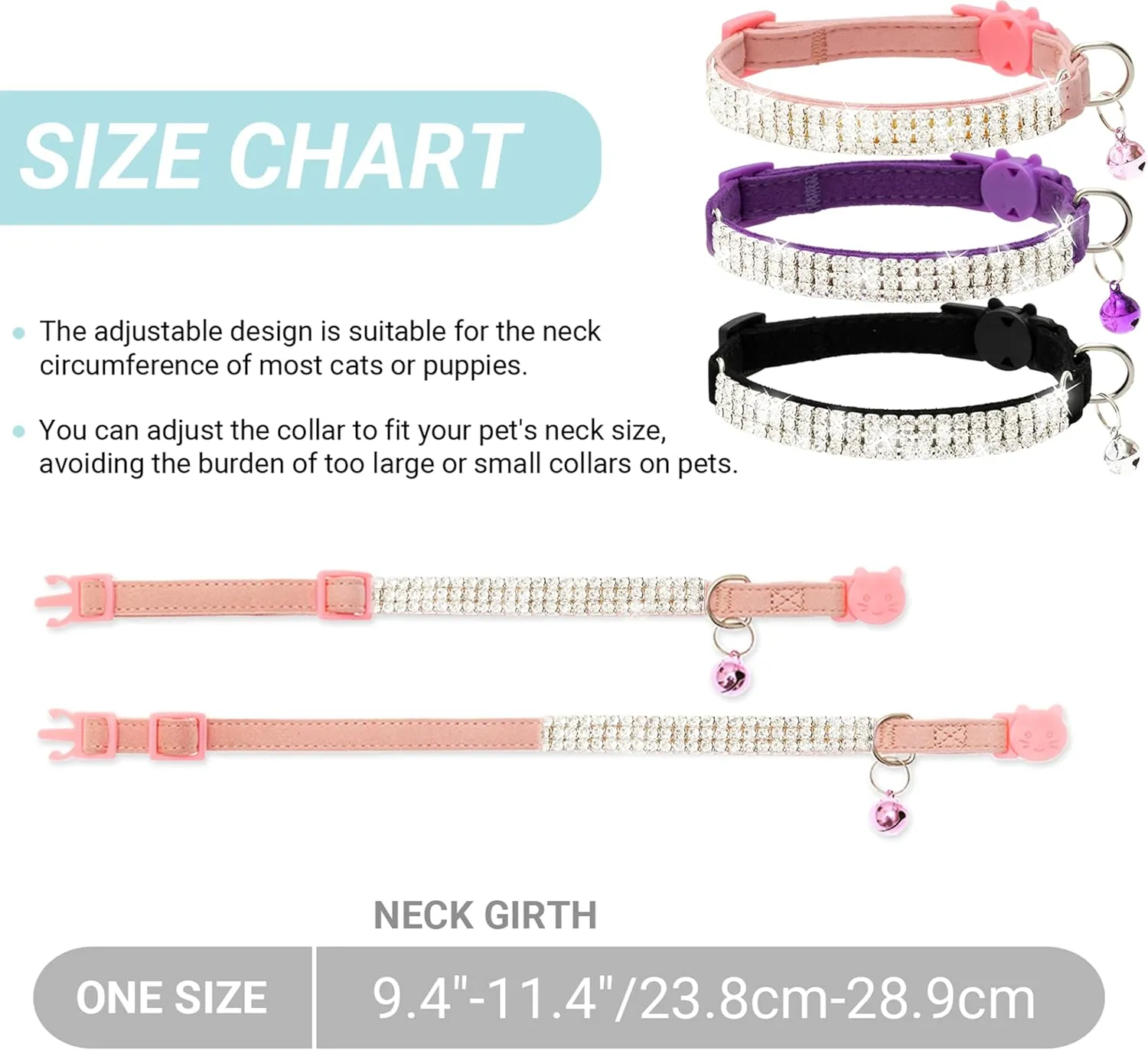 FLYSTAR Cat Collar Breakaway with Bell - Cute Cat Collar for Boy Girl Cats - Rhinestones Bling Adjustable Soft Velvet Pet Collars for Small Medium Large Cats & Puppy (Pink, Purple, Black)