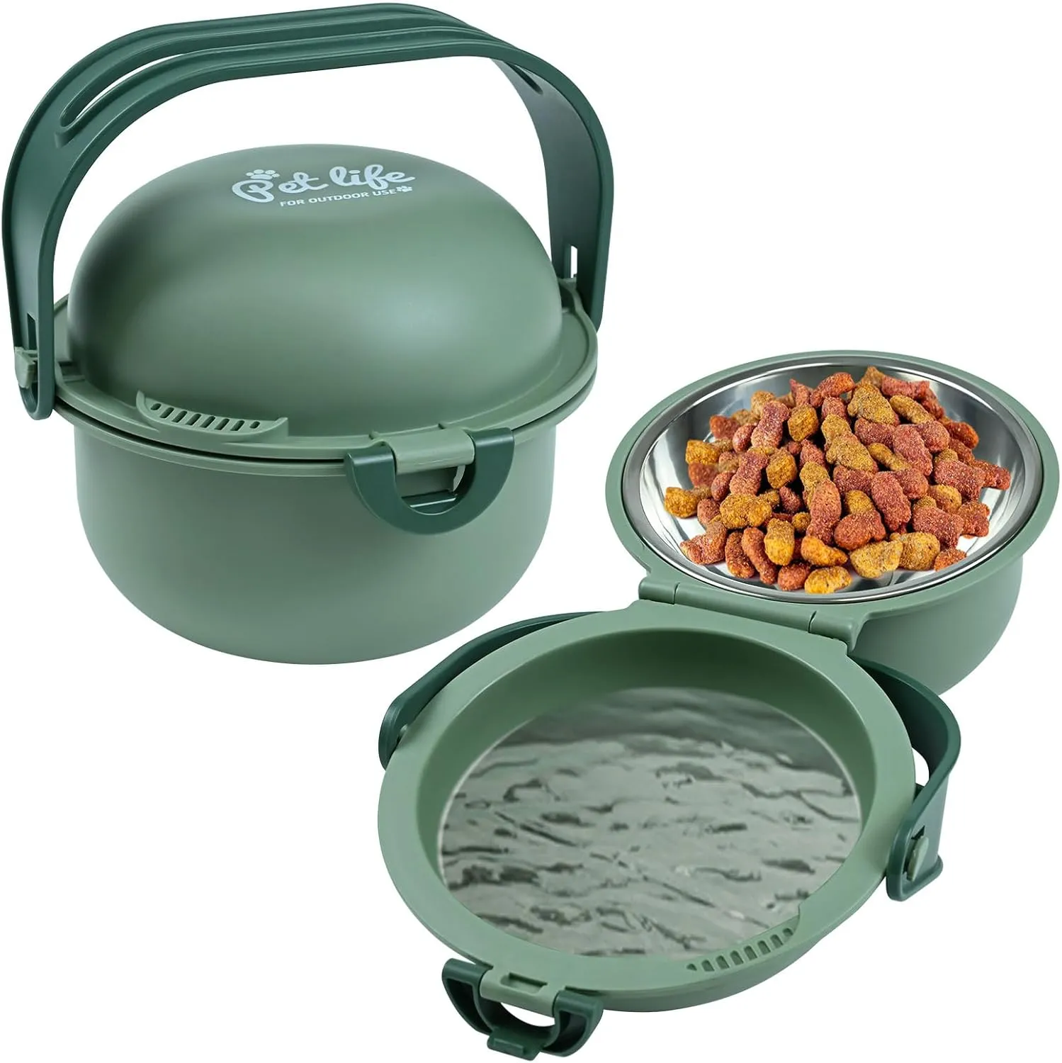 Foldable 2-in-1 Portable Dog Bowl with Handle  Collapsible Stainless Steel Pet Dish for Puppies, Senior & Chewing-Challenged Pets, Drainable Food Soaker Bowl & Water Dish, Green