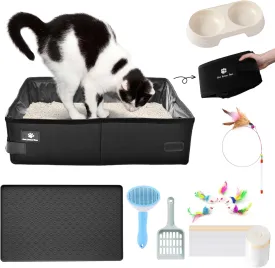 Foldable Travel Leak-Proof Litter Box with Lid - 15.7 * 11.8 * 4.3, Collapsible Portable Litter Box for Travel, Hotel Stays and Road Trips with Feeding Rack, Toys, Cat Food Mat
