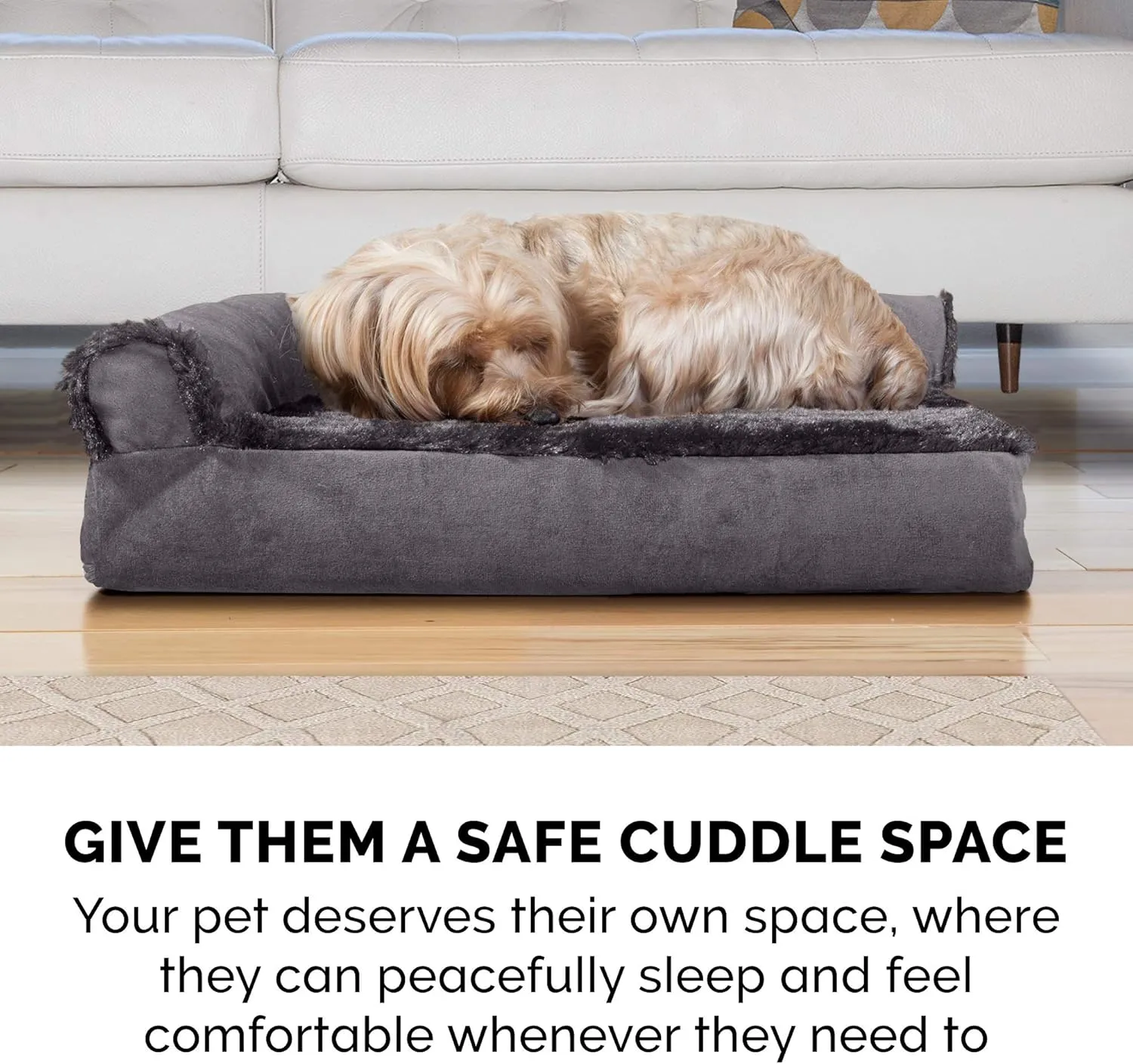 Furhaven Pillow Dog Bed for Large/Medium Dogs w/ Removable Bolsters & Washable Cover - Plush & Velvet L Shaped Chaise - Platinum Gray, Large