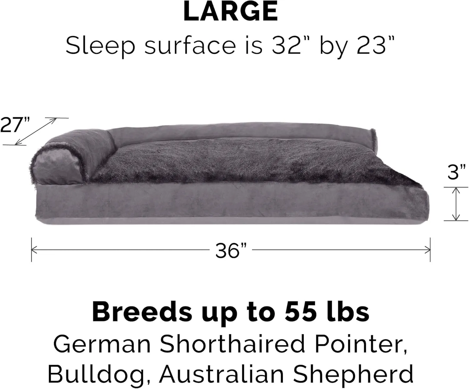 Furhaven Pillow Dog Bed for Large/Medium Dogs w/ Removable Bolsters & Washable Cover - Plush & Velvet L Shaped Chaise - Platinum Gray, Large
