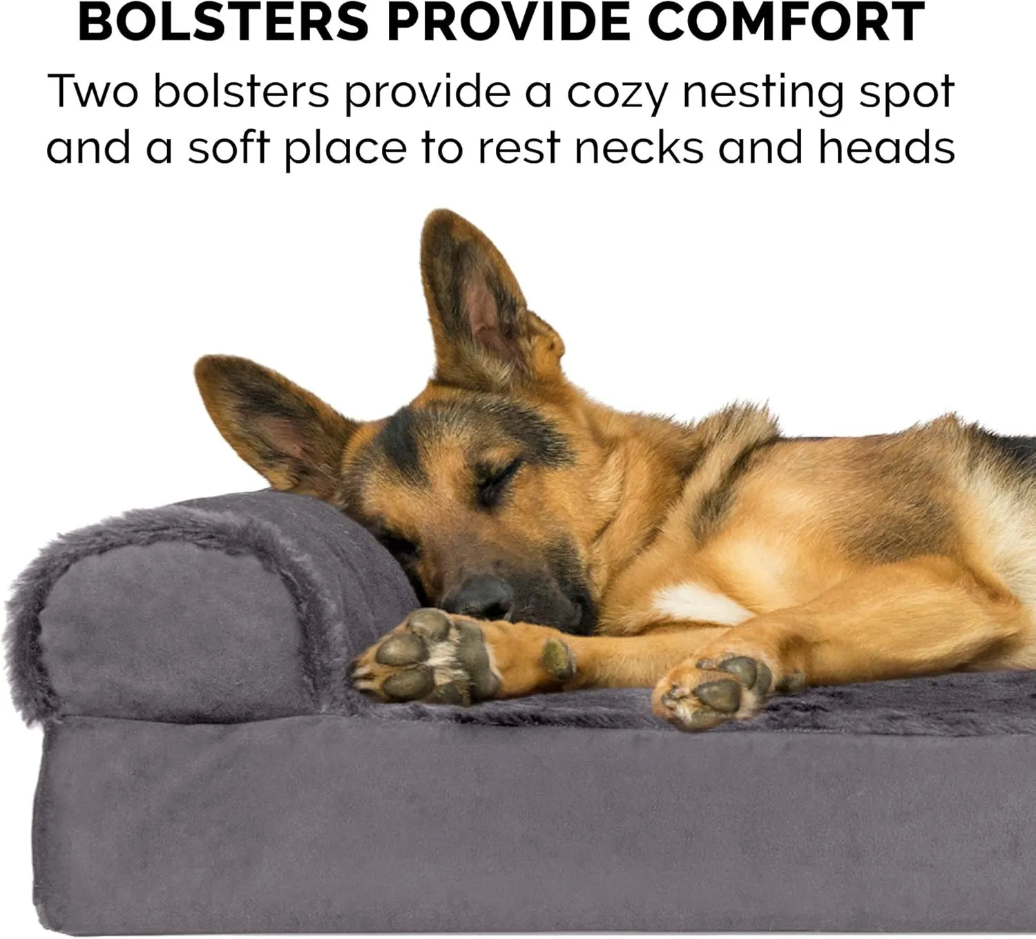 Furhaven Pillow Dog Bed for Large/Medium Dogs w/ Removable Bolsters & Washable Cover - Plush & Velvet L Shaped Chaise - Platinum Gray, Large