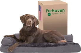 Furhaven Pillow Dog Bed for Large/Medium Dogs w/ Removable Bolsters & Washable Cover - Plush & Velvet L Shaped Chaise - Platinum Gray, Large