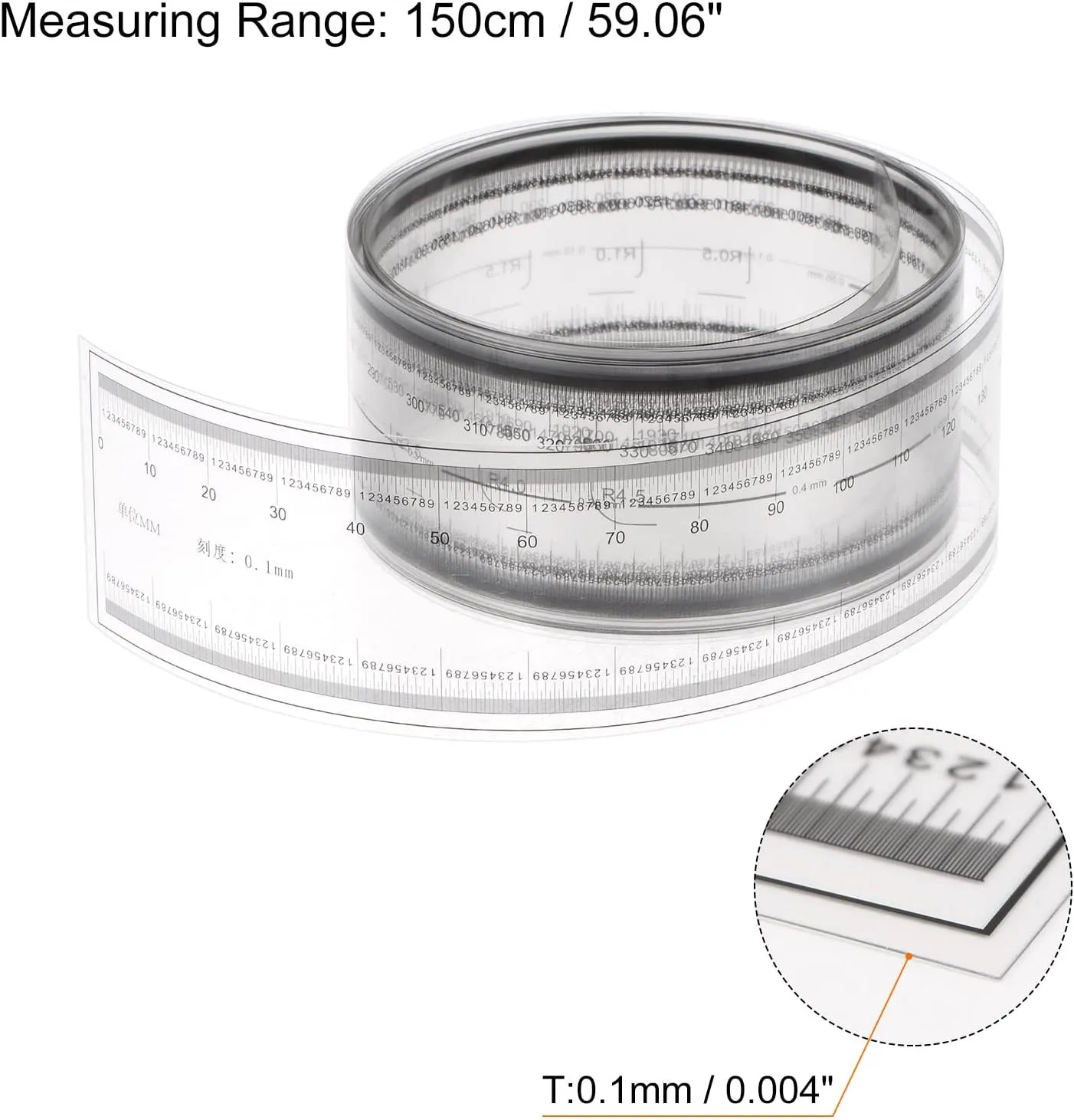 HARFINGTON Film Flexible Ruler 150cm 0.1mm Scale with R Angle & Width Lines PET Plastic Folding Straight Ruler Calibration Soft Ruler Measuring Tool for Factory, Transparent