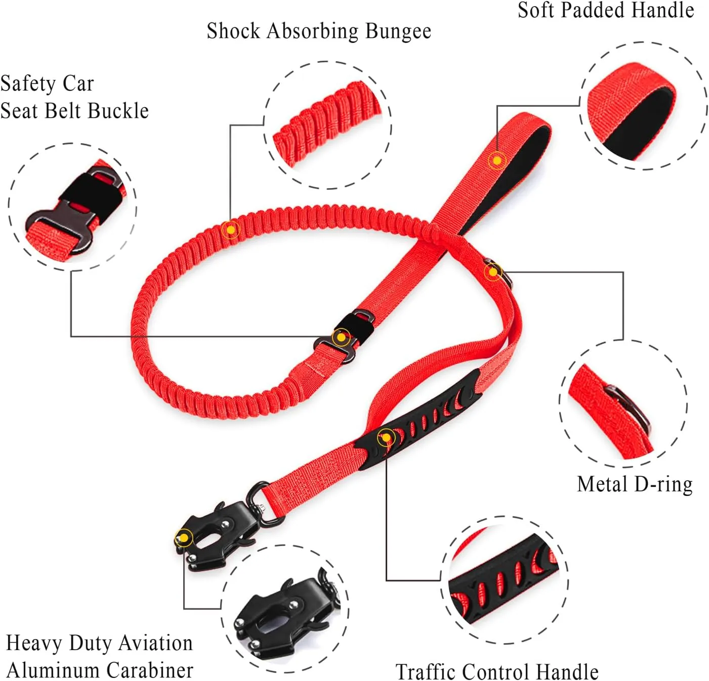 Heavy Duty Bungee Dog Leashes, 4-6FT Shock Absorbing Tactical Dog Leash with 2 Padded Handles, Metal Carabiner Clip, No Pull Reflective Dog Leash for Medium Large Dogs (Red)