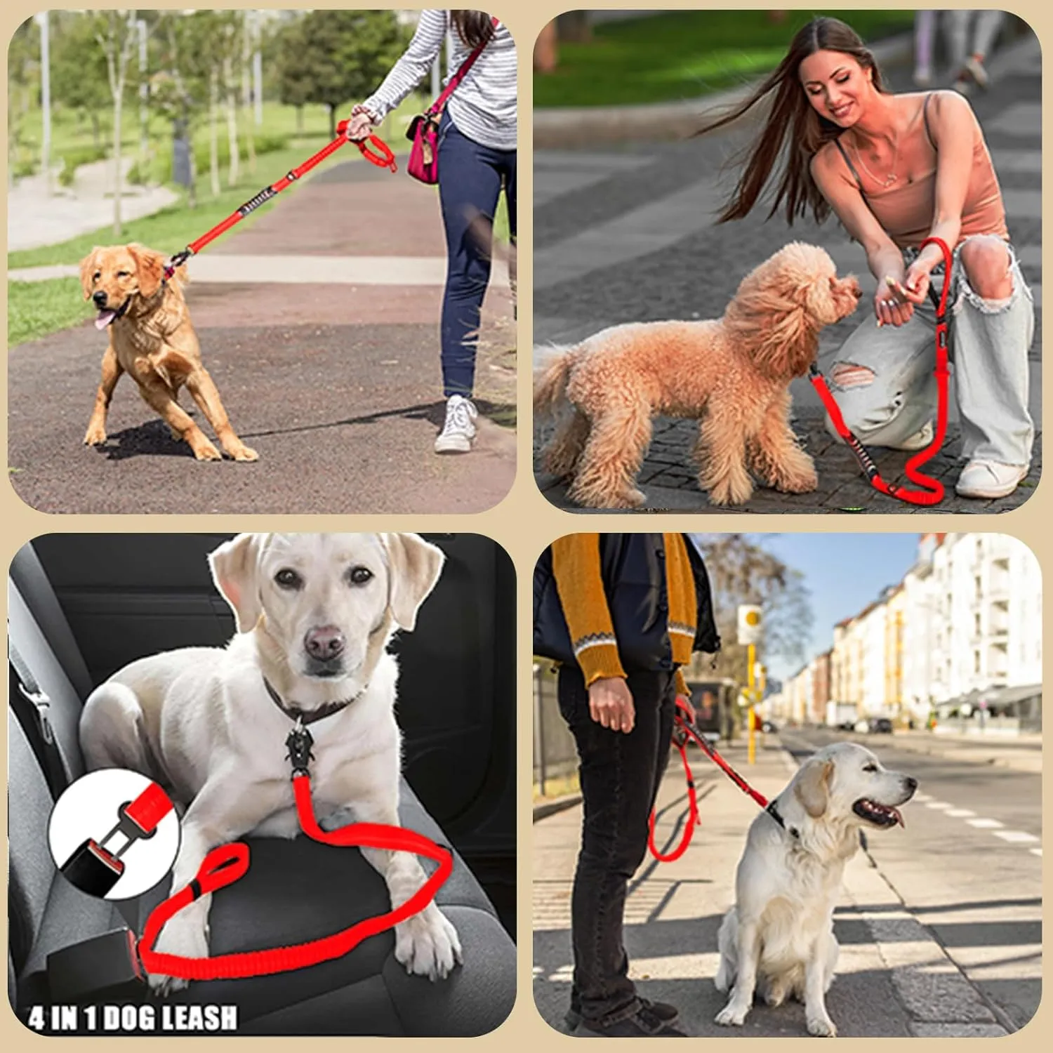 Heavy Duty Bungee Dog Leashes, 4-6FT Shock Absorbing Tactical Dog Leash with 2 Padded Handles, Metal Carabiner Clip, No Pull Reflective Dog Leash for Medium Large Dogs (Red)