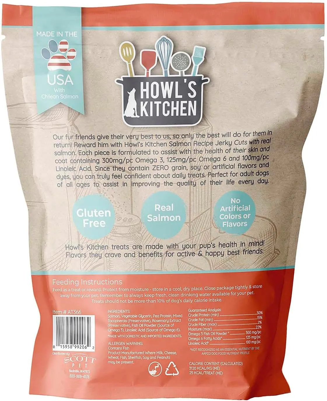 Howl's Kitchen Jerky Treats, 12 oz Bag, 1 Count, Salmon Recipe Cuts, Skin and Coat Formula, Rawhide Free, Chewy Dog Treats for Training, for All Breed Sizes