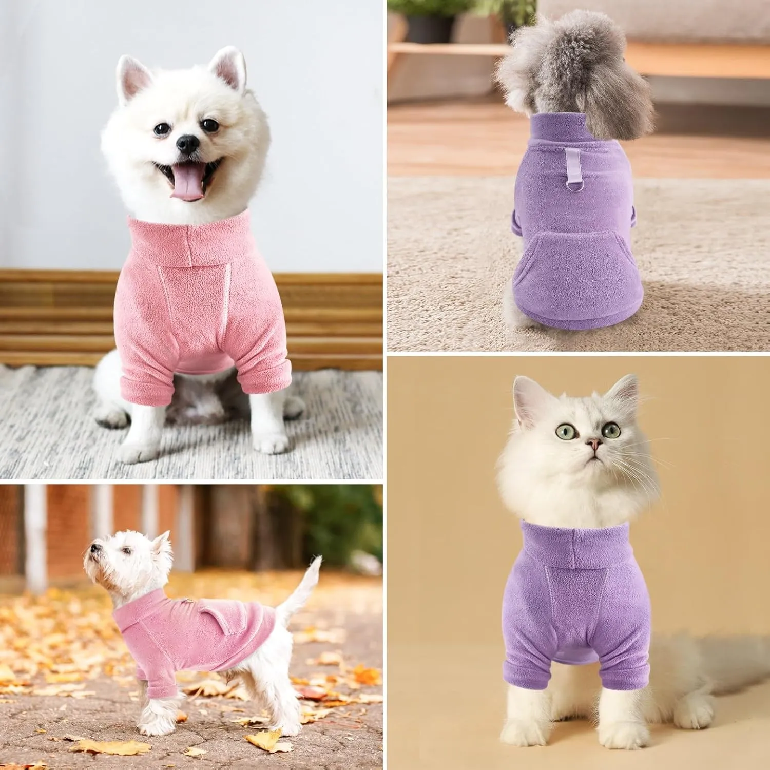 Idepet Fleece Dog Sweater 2 Pack, Winter Pet Clothes Turtleneck Sweatshirt, Stretchy Cat Coat with Leash Ring, Pink, Purple, X-Small