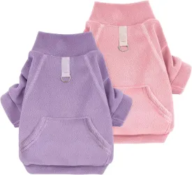 Idepet Fleece Dog Sweater 2 Pack, Winter Pet Clothes Turtleneck Sweatshirt, Stretchy Cat Coat with Leash Ring, Pink, Purple, X-Small
